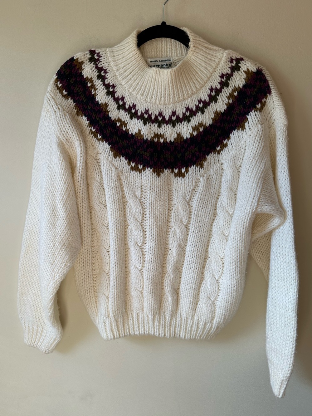 Vintage 80s Fair Isle Handknit Sweater Currants Ramie Blend Mock Neck